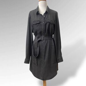 DKNY Jeans Shirt Dress Women's Size M Gray High Low Long Sleeve Pockets Casual